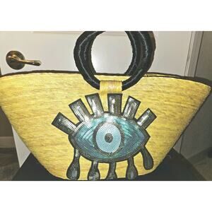 Evil Eye Straw Tote Bag Yellow Large